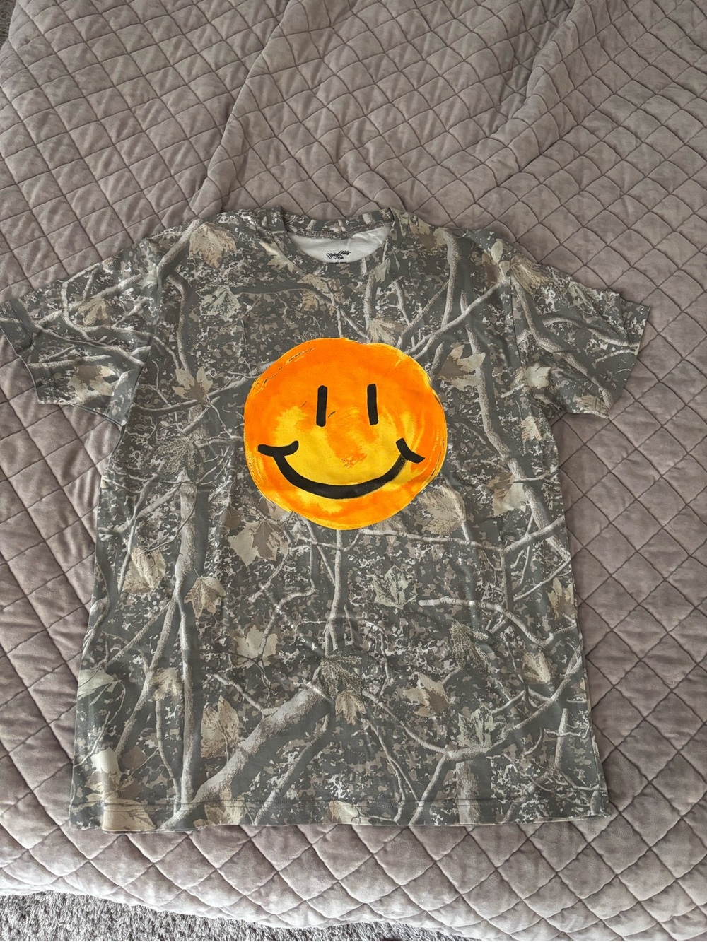 Camo Short Sleeve Tee with Bright Orange Smiley Graphic BRAND NEW